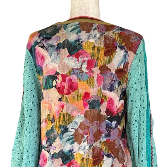 Anthropologie Bl^nk Contrast Eyelet Puff Sleeve Pullover Top in Turquoise - S - Picture 11 of 16